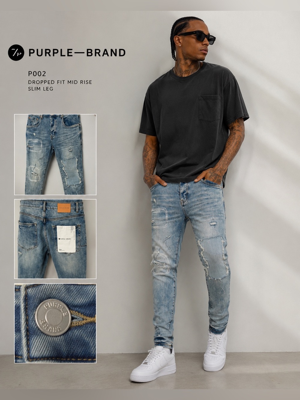 PURPLE BRAND P002 VSI Jeans Mens 34 dropped Fit mid-rise Slim Leg Button Fly Z